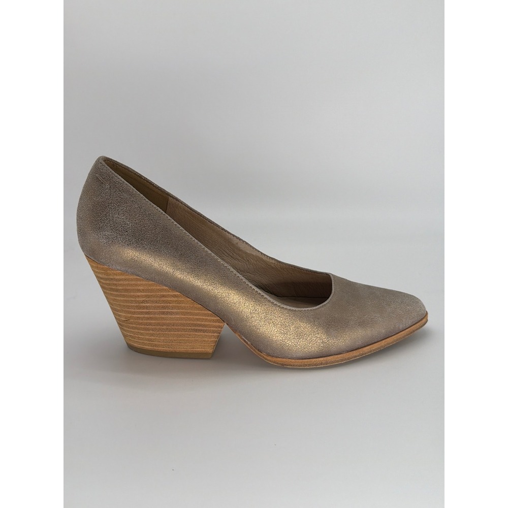 Eileen Fisher Metallic Gold Leather Pointed Toe Stacked Wedge Pumps Womens 9.5